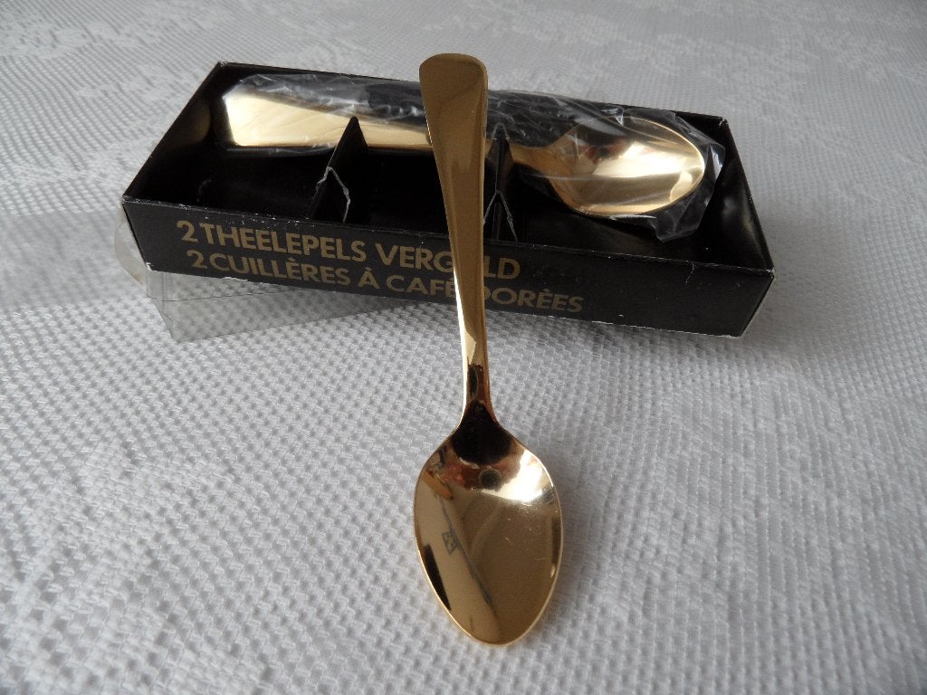 2 vergulde theelepels in doosje, Ophalen of Verzenden