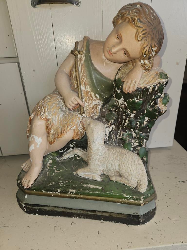 Antiek Beeld: Herder met Schaap - Religieus Kunstwerk, Antiek en Kunst, Ophalen of Verzenden