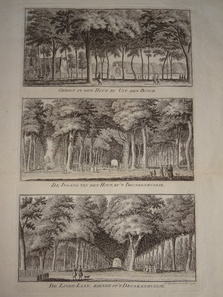 gravures Haarlemmerhout, Dronkenhuisje Haarlem 1761 Spilman, Verzenden, Gravure, Origineel, Landschap
