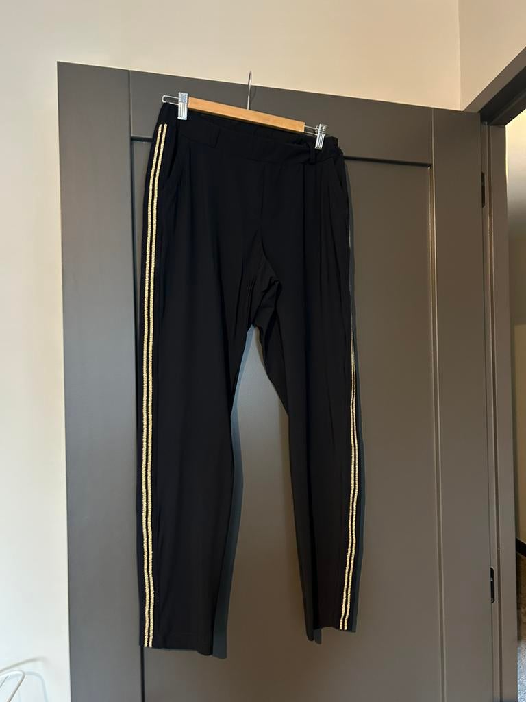 Prachtige donkerblauwe travelstof broek met gouden rand, Maat 38/40 (M), Zo goed als nieuw, Lang, Verzenden