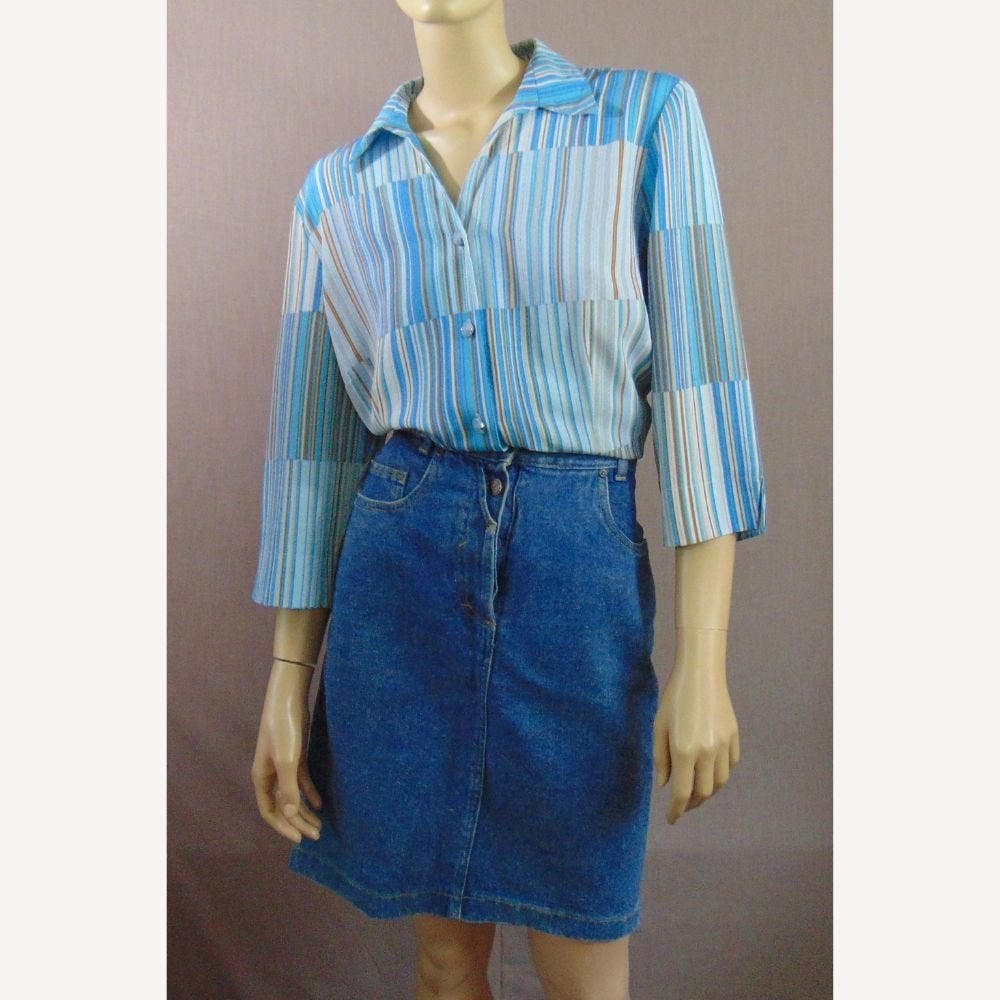 Vintage blauw, bruin, wit gestreepte blouse maat 42, Maat 42/44 (L), Zo goed als nieuw, Vintage, Verzenden