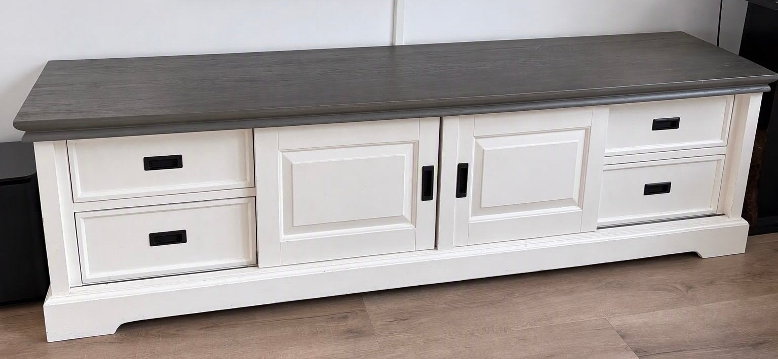 Riverwoods TV-meubel 210cm - ClearWhite/Rustic Grey, Ophalen, Gebruikt, 200 cm of meer, Minder dan 100 cm