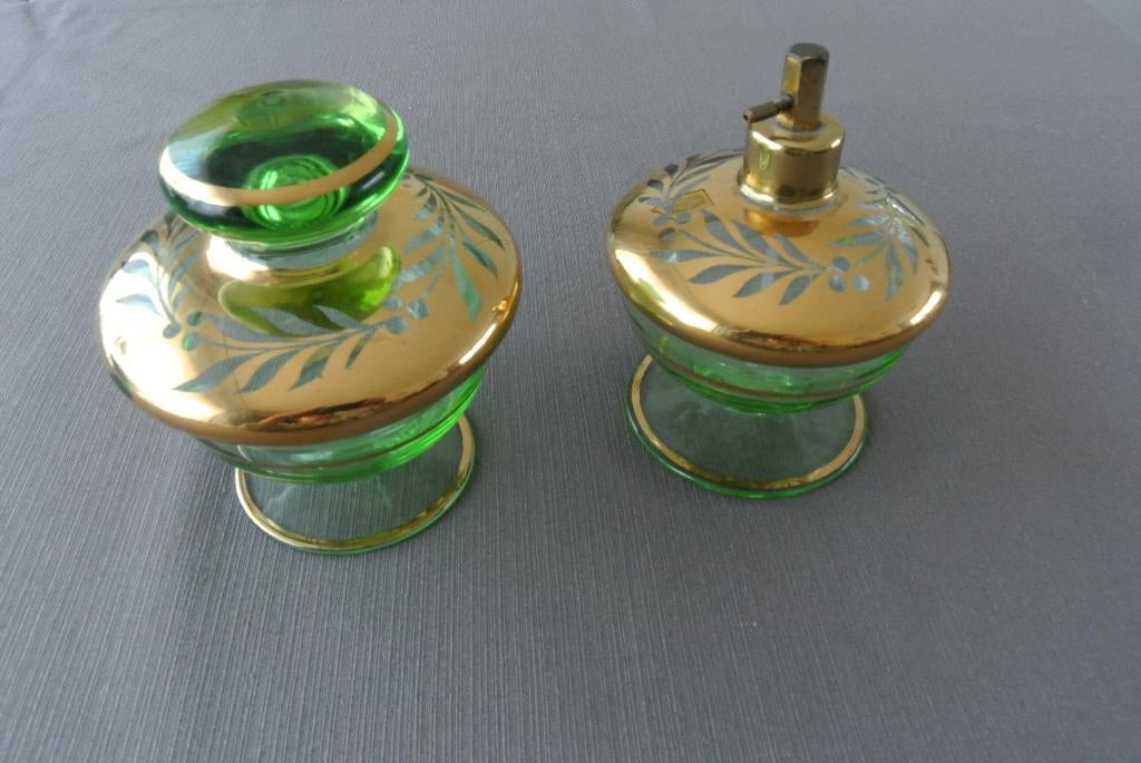 Kaptafel set jaren 50 Vintage toilet set groen glas, Antiek en Kunst, Antiek | Glas en Kristal, Ophalen of Verzenden