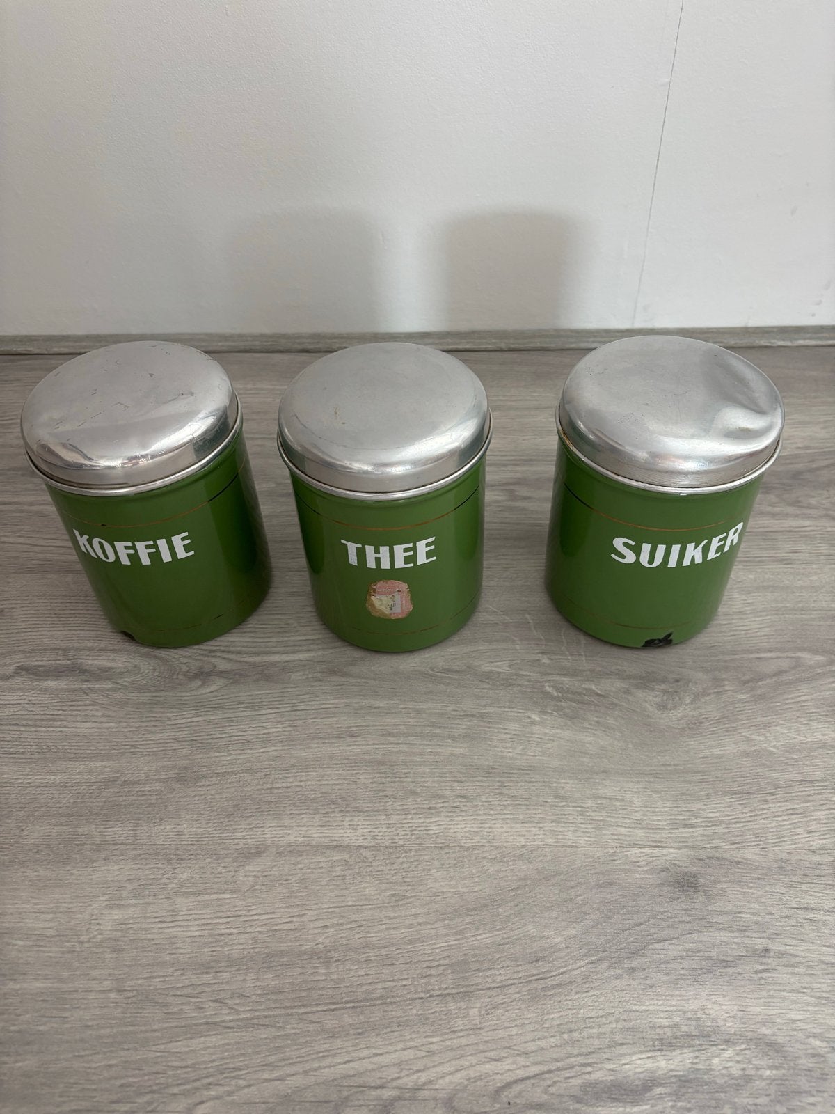 Vintage Groene Koffie, Thee en Suiker Blikken Set, Ophalen