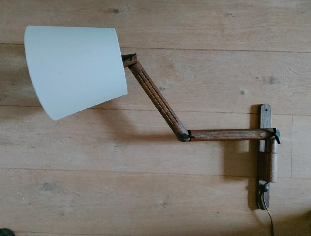 Vintage harmonica lamp wandlamp hout treklamp schaarlamp, Ophalen, Hout
