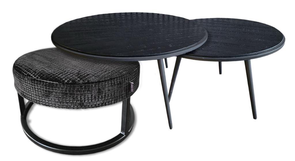 Set van 2 salontafels met gestoffeerde poef - kleur zwart, Huis en Inrichting, Tafels | Salontafels, Ophalen, 50 tot 100 cm, Rond