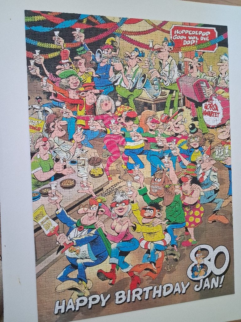 Jan van Haasteren puzzel Jan 80 jaar, Hobby en Vrije tijd, Denksport en Puzzels, Ophalen of Verzenden, 500 t/m 1500 stukjes, Zo goed als nieuw