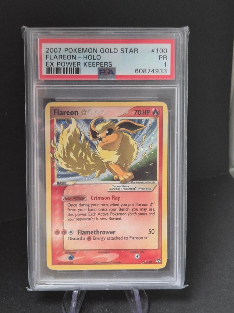 2007 Pokémon Gold Star Flareon Holo EX Power Keepers PSA 1, Ophalen of Verzenden, Gebruikt, Losse kaart, Foil