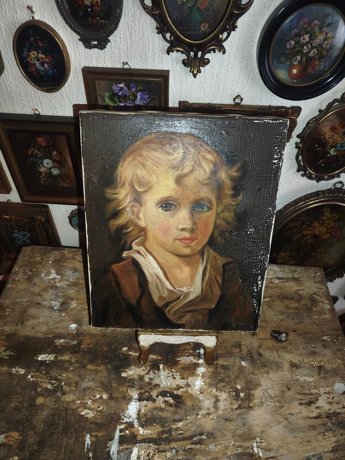 oude olieverf schilderijtje op doek  jongetje G64, Ophalen of Verzenden