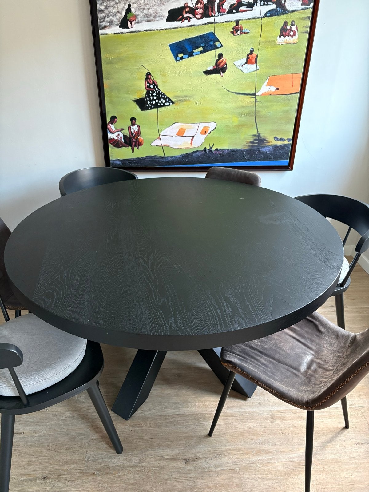 Loods 5 ronde houten tafel, 140cm, stalen onderstel, Ophalen, Gebruikt, 100 tot 150 cm, Rond