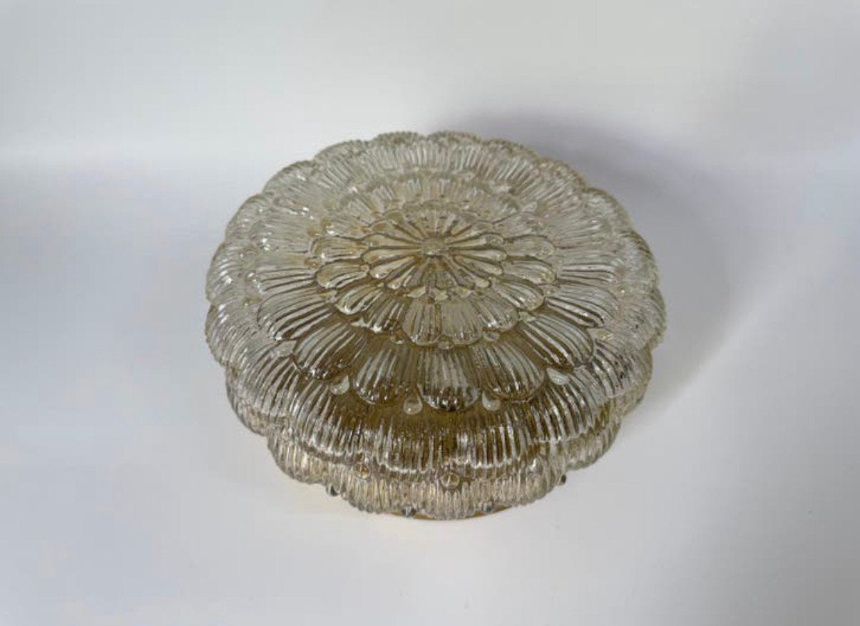 Vintage mid Century plafonnière goudglans amber rond Ø 22 cm, Zo goed als nieuw, Wandlamp, E27 (groot), Ophalen of Verzenden