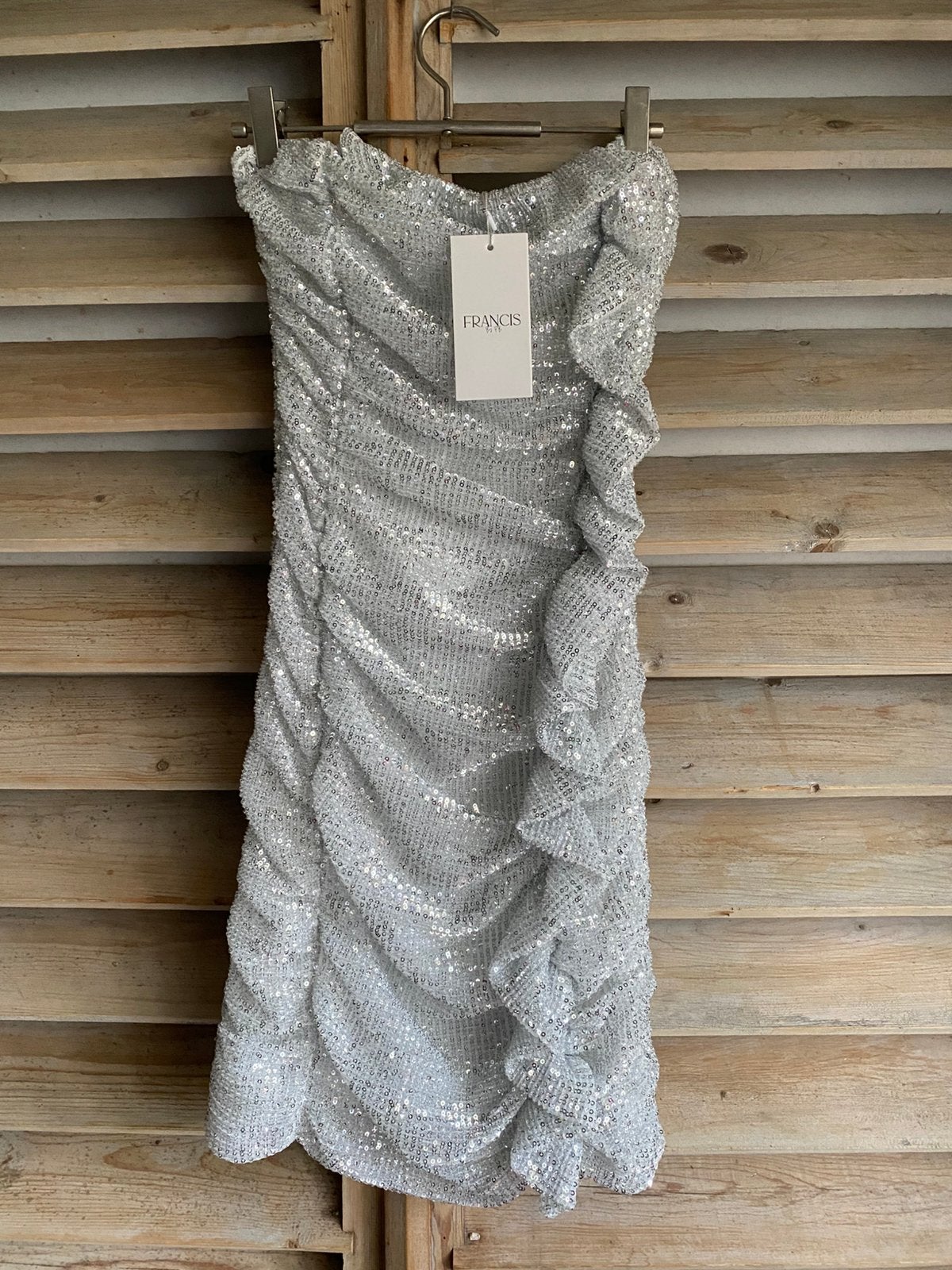 Francis by fb zilver glitter pailletten jurk strapless, Ophalen of Verzenden, Nieuw, Maat 36 (S), Boven de knie