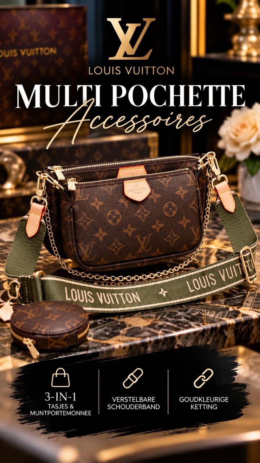 Louis Vuitton Multi Pochette Accessoires – Monogram – Groen, Ophalen of Verzenden, Nieuw, Bruin, Overige merken