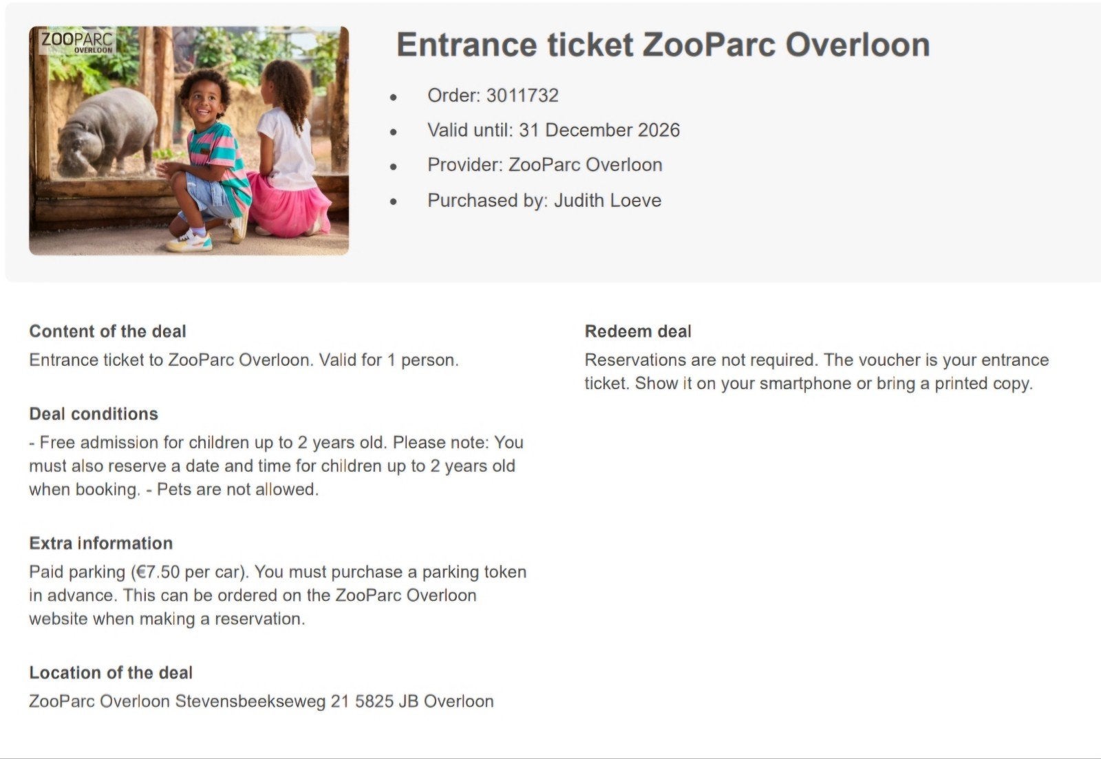 2 entreetickets voor ZooParc Overloon. Geldig t/m 31-12-2026, Ticket of Toegangskaart