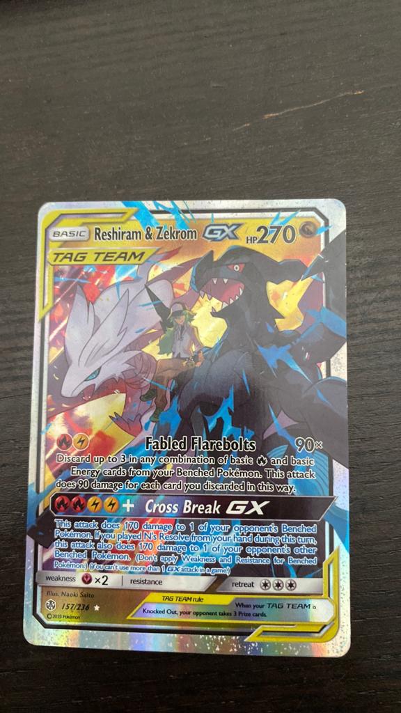 Pokemon kaart reshiram&zekrom gx, Ophalen of Verzenden, Gebruikt, Losse kaart, Foil