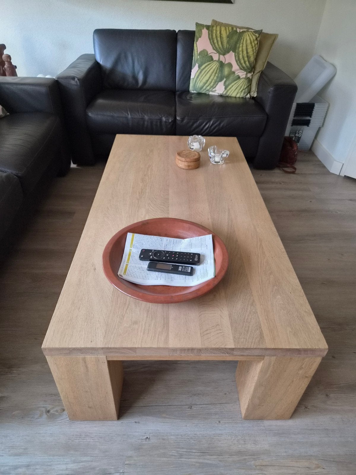 Massief houten salontafel 140  70 cm, Ophalen, Gebruikt, Eikenhout, 50 tot 100 cm