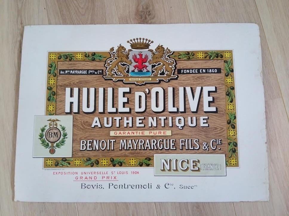Vintage Franse Olijfolie Reclame Poster - Huile d'Olive, Gebruikt, Rechthoekig Liggend, Ophalen of Verzenden, A1 t/m A3