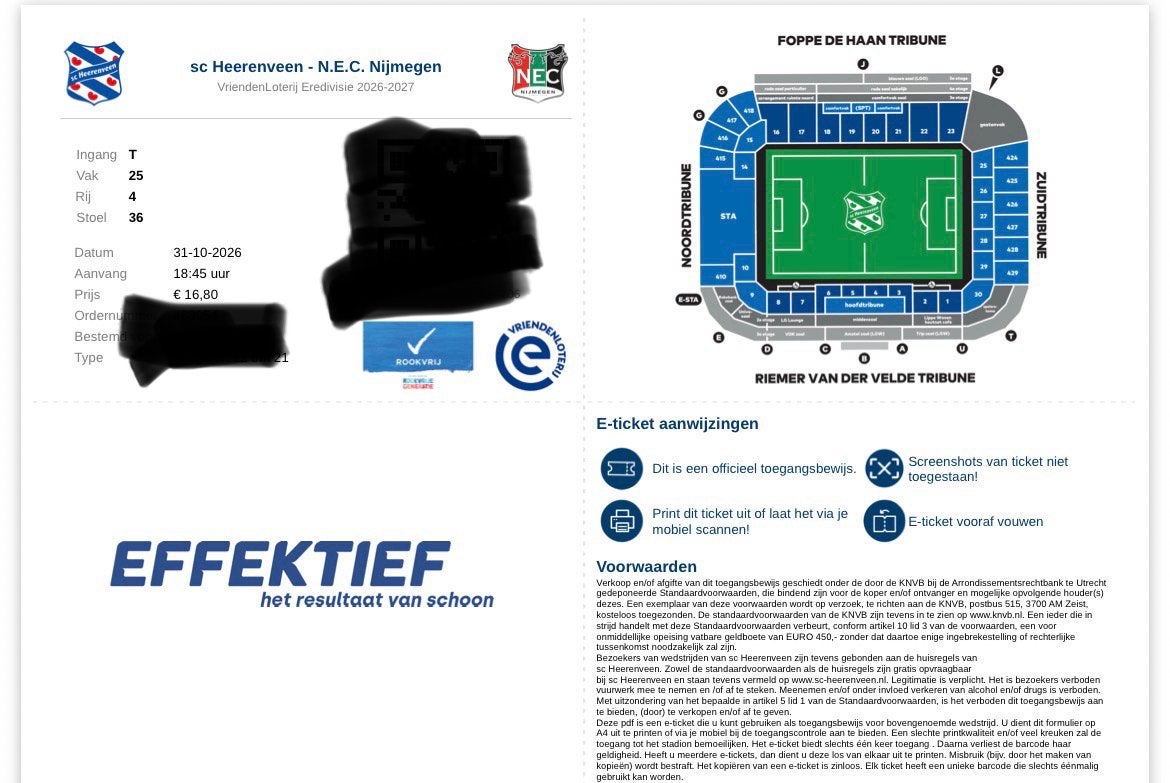 2 tickets SC Heerenveen – NEC + parkeerkaart | 31 oktober, Tickets en Kaartjes, Twee personen, Oktober