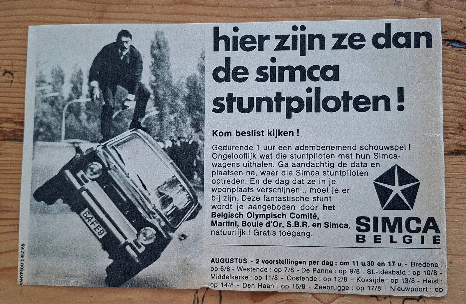 advertentie uit tijdschrift SIMCA België stuntpiloten, Ophalen of Verzenden, Nieuw, Auto's