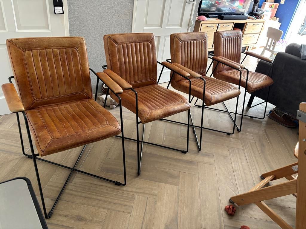 Van Bommel 4 lederen eetkamerstoelen, Huis en Inrichting, Ophalen, Gebruikt, Bruin, Leer