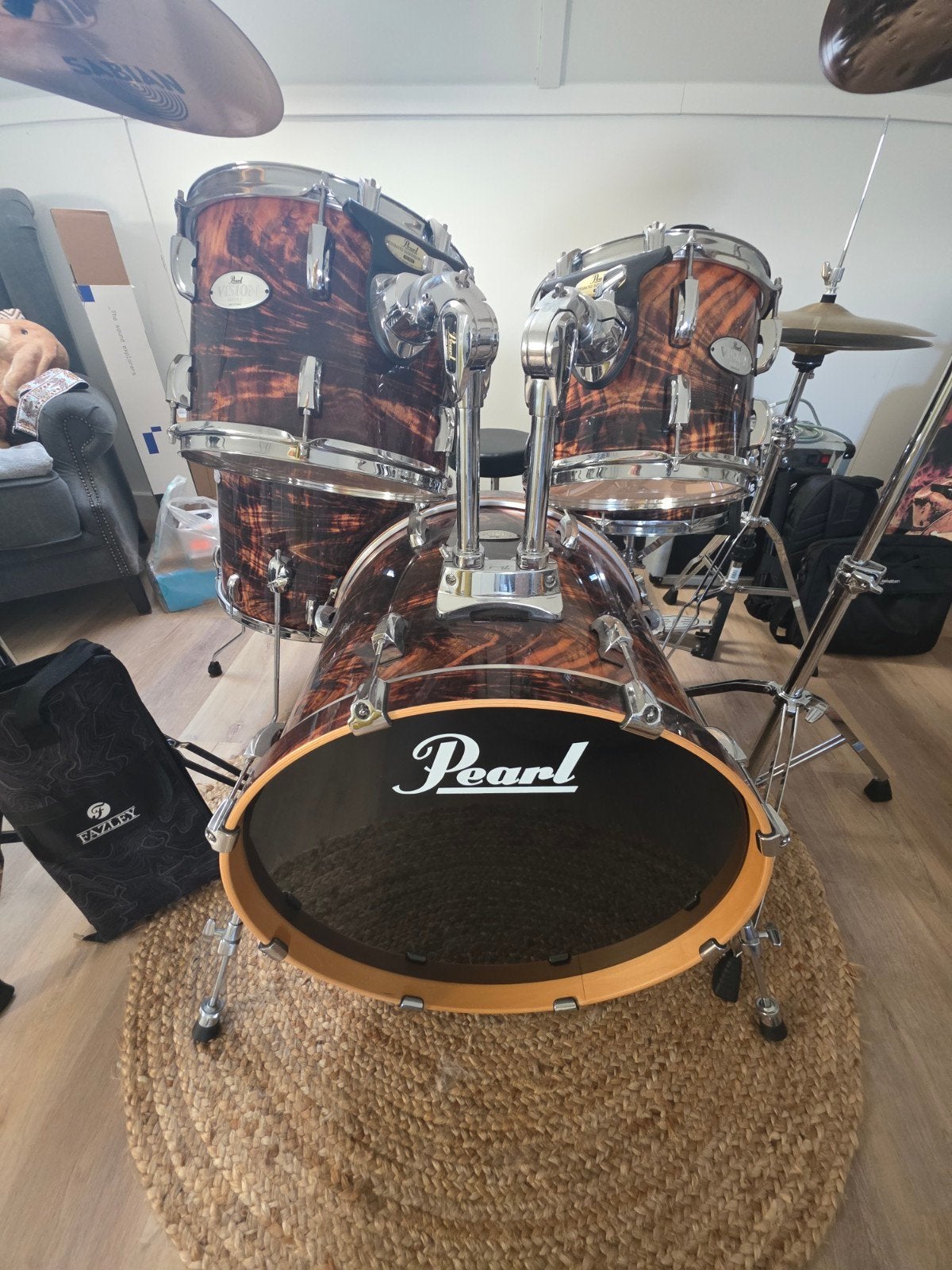 Pearl drumstel met stoel, Sabian bekkens & Meinl drumkleed, Ophalen, Gebruikt, Pearl