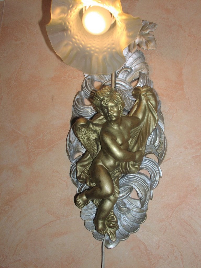 Vintage wandlamp brocante; engel putti sculptuurlamp, Gebruikt, Ophalen of Verzenden, Wandlamp, Glas