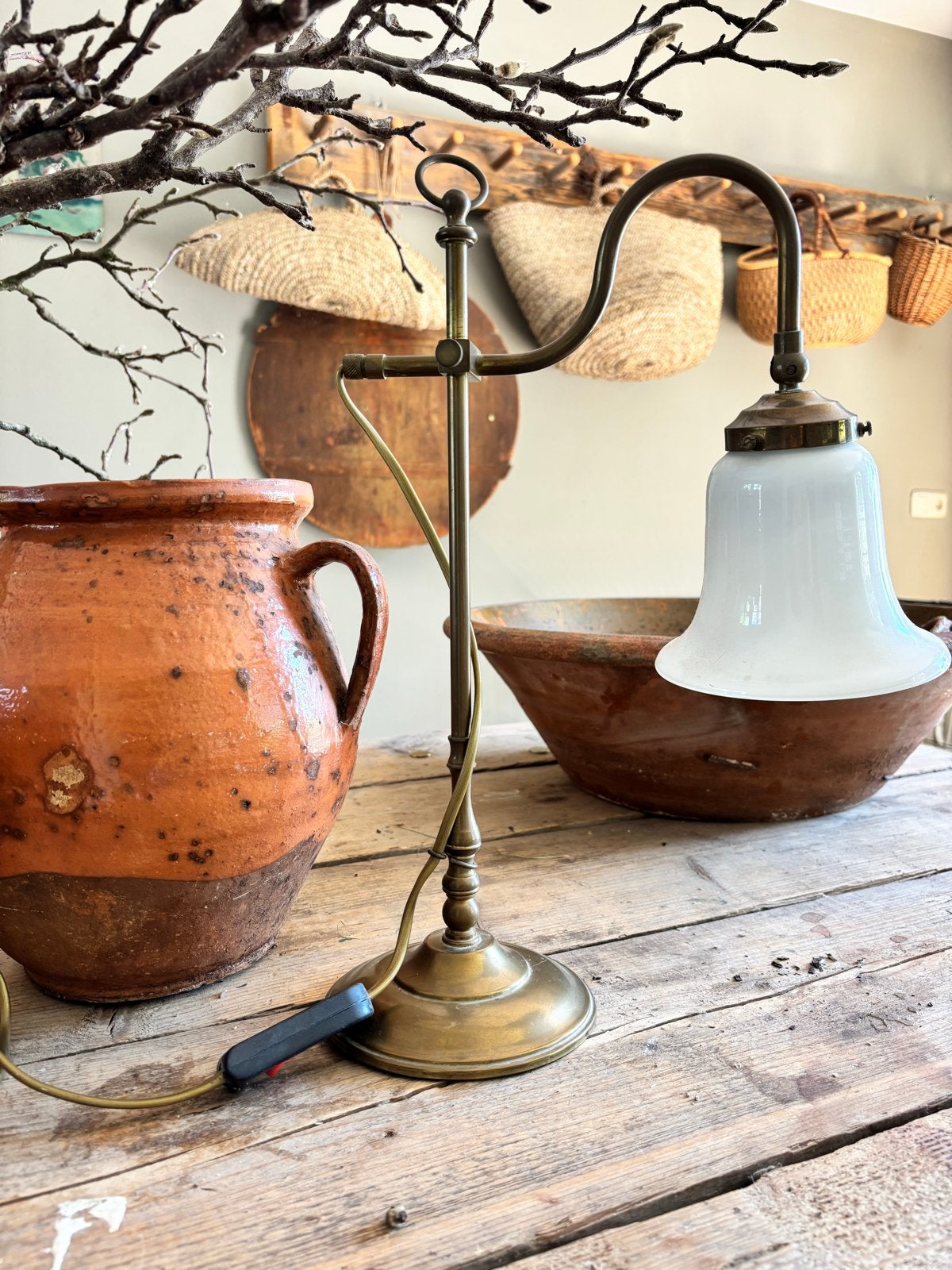 Vintage Messing Tafellamp met Melkglas Kap, Ophalen
