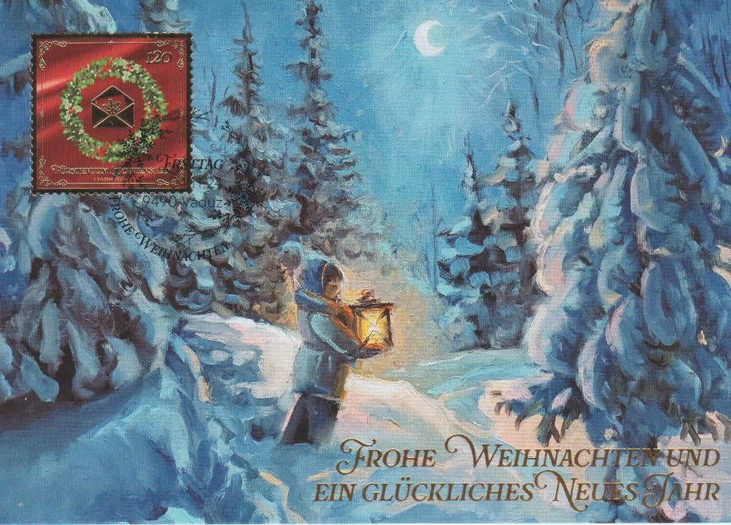 Kerstkaart met zegel Liechtenstein (2024), Ophalen of Verzenden, Gestempeld, Overige thema's