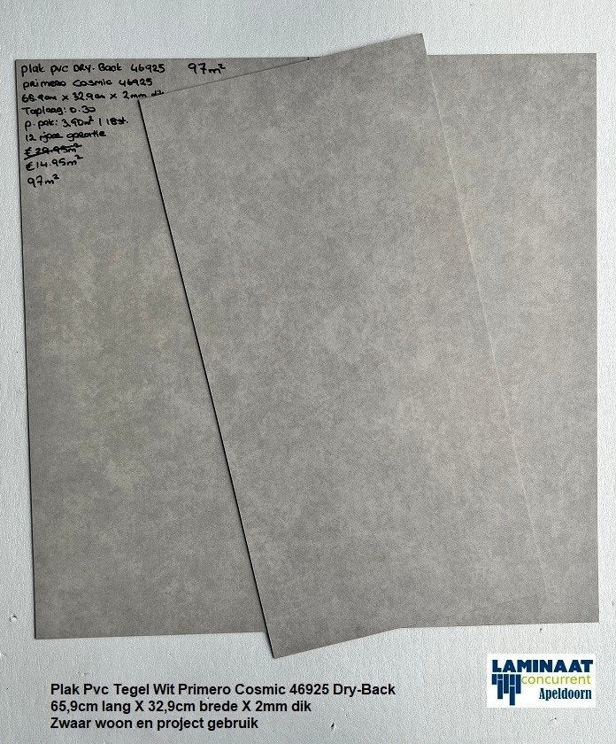 33m2 Plak Pvc Tegel Primero Cosmic light grey 2,5mm dik €295, Huis en Inrichting, Stoffering | Vloerbedekking, Ophalen, Wit, Nieuw