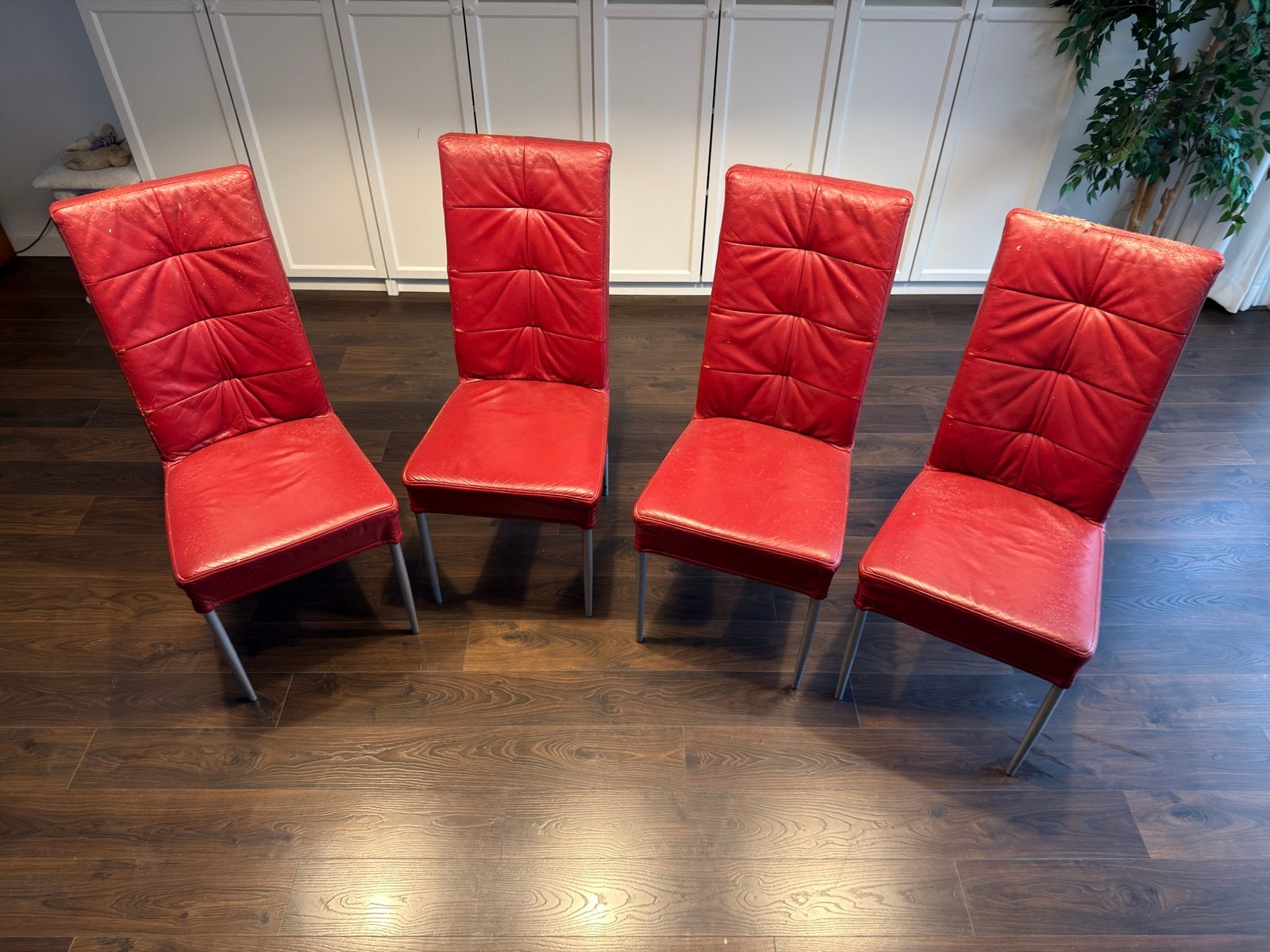 Set van 4 rode leren eetkamerstoelen - opknappertjes, Ophalen, Gebruikt, Leer, Vier