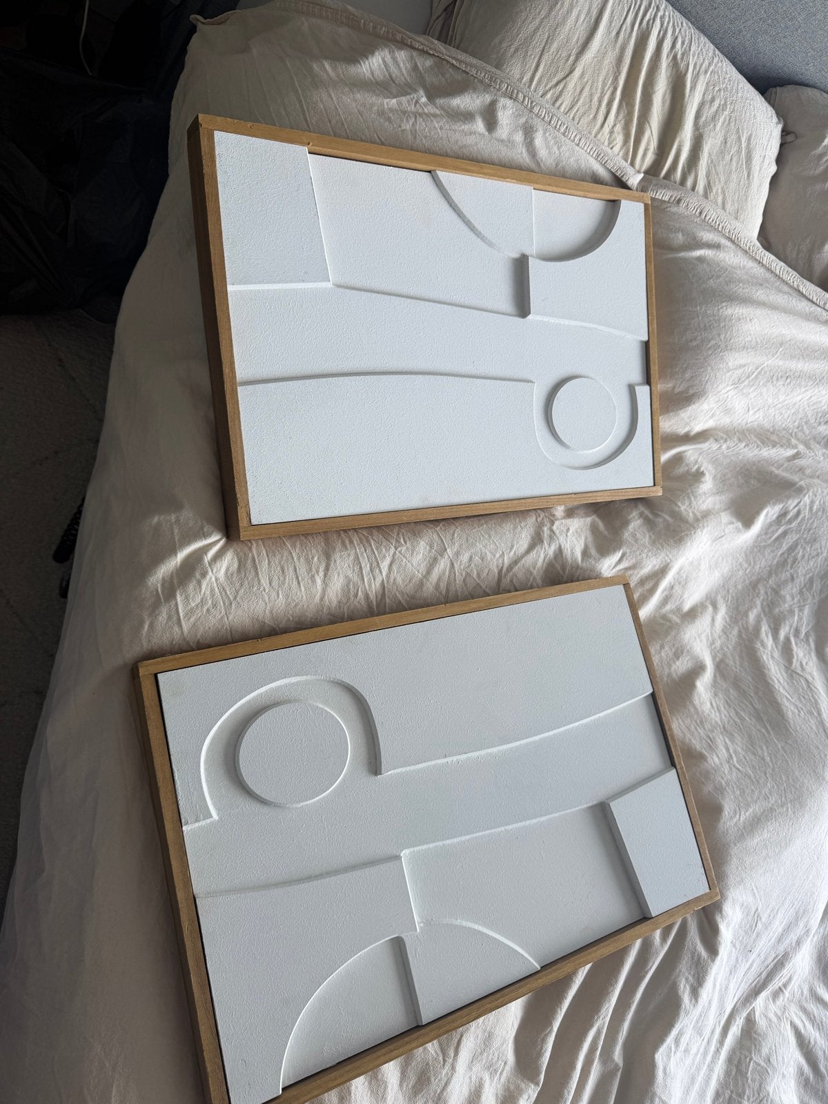 Set van 2 abstracte 3D kunstwerken in houten lijst, Ophalen of Verzenden