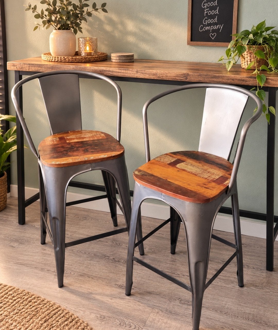 Set van 2 industriële barkrukken met houten zitting, Huis en Inrichting, 2 krukken, Ophalen, 60 tot 90 cm