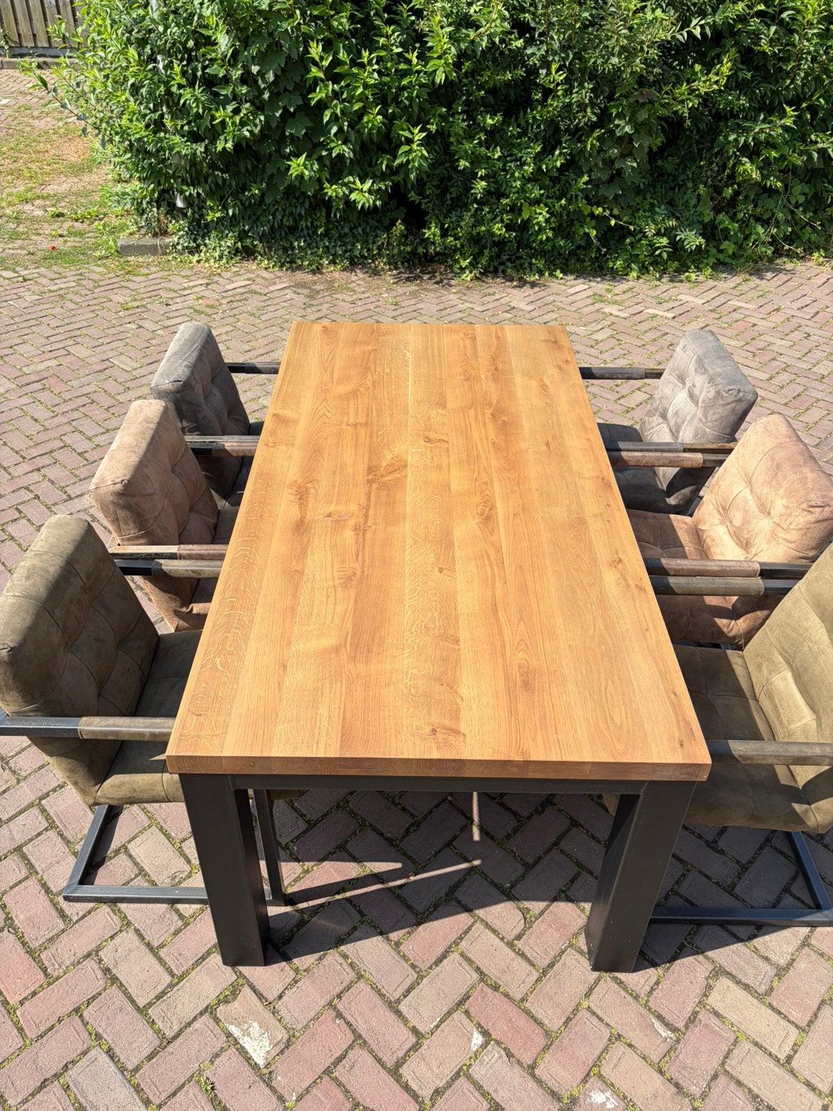 Massief eikenhouten eettafel set inclusief stoelen, Huis en Inrichting, Tafels | Eettafels, Ophalen, Eikenhout, 200 cm of meer