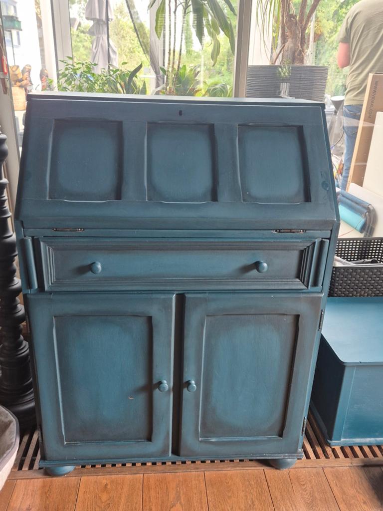 Vintage secretaire in petrolblauw, Antiek en Kunst, Antiek | Meubels | Kasten, Ophalen
