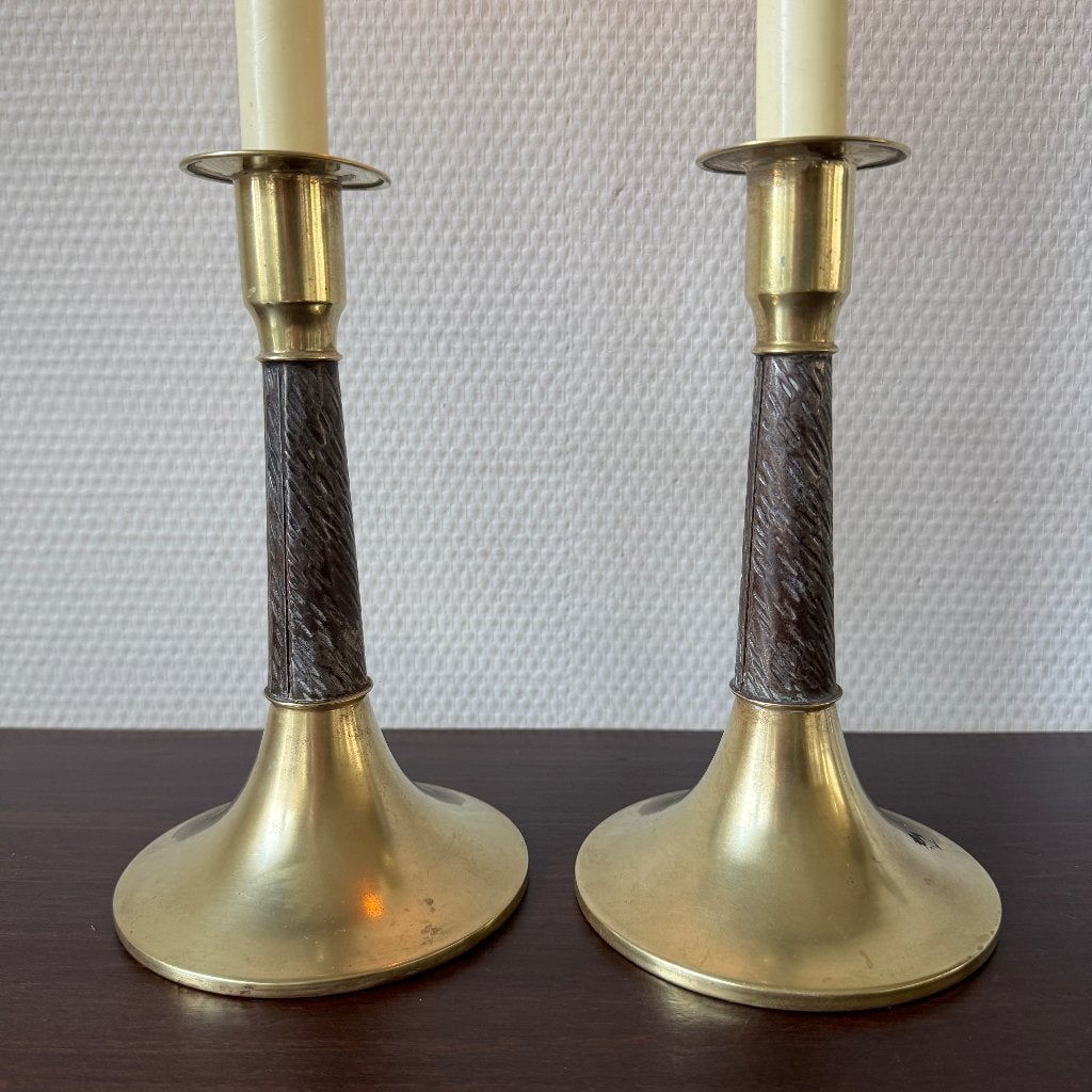 Set van 2 Messing Koperen Kandelaren met ''Boom'' Tussenstuk, Gebruikt, Brons of Koper, Ophalen of Verzenden, Kandelaar