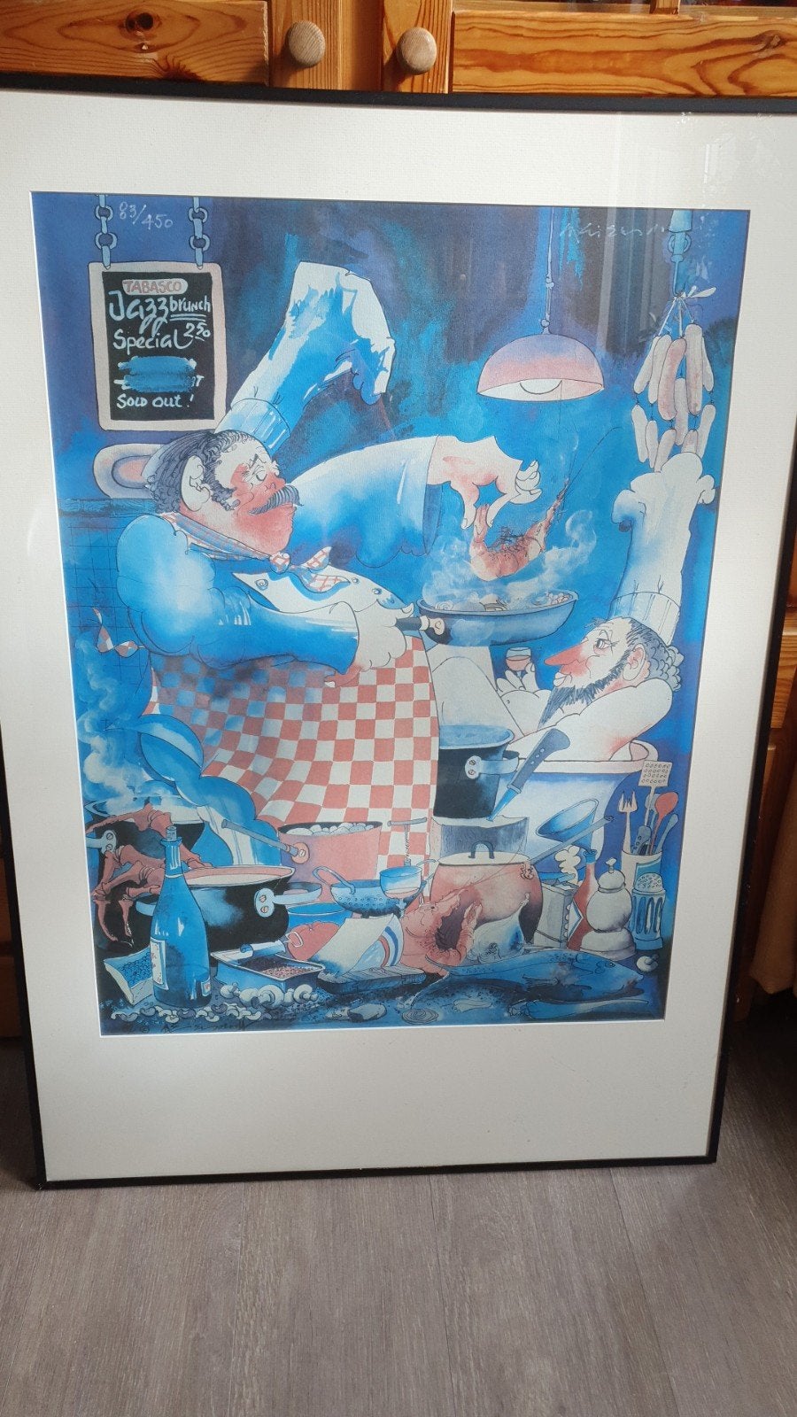 Aquarel 'Jazz Brunch' in passe-partout en lijst, Ophalen, Aquarel, Overig onderwerp, Papier/karton