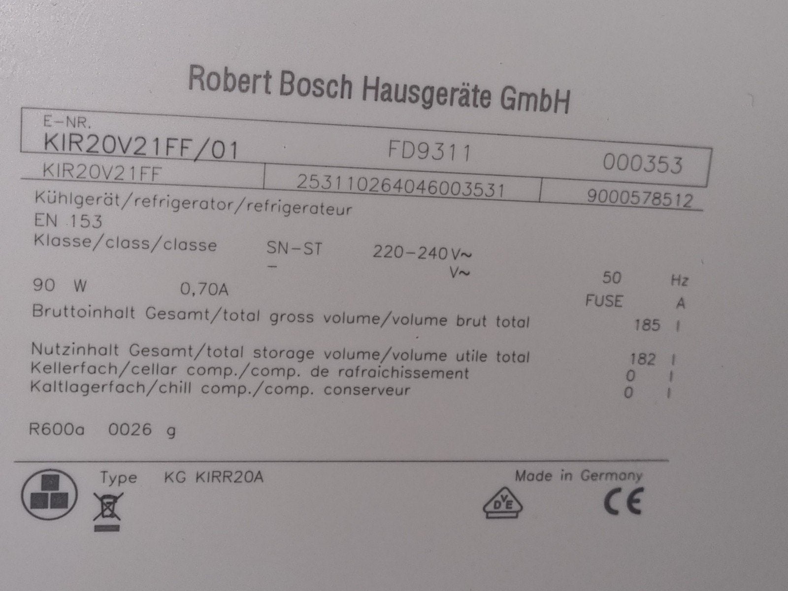 Inbouw koelkast Bosch, Ophalen, Gebruikt, Zonder vriesvak