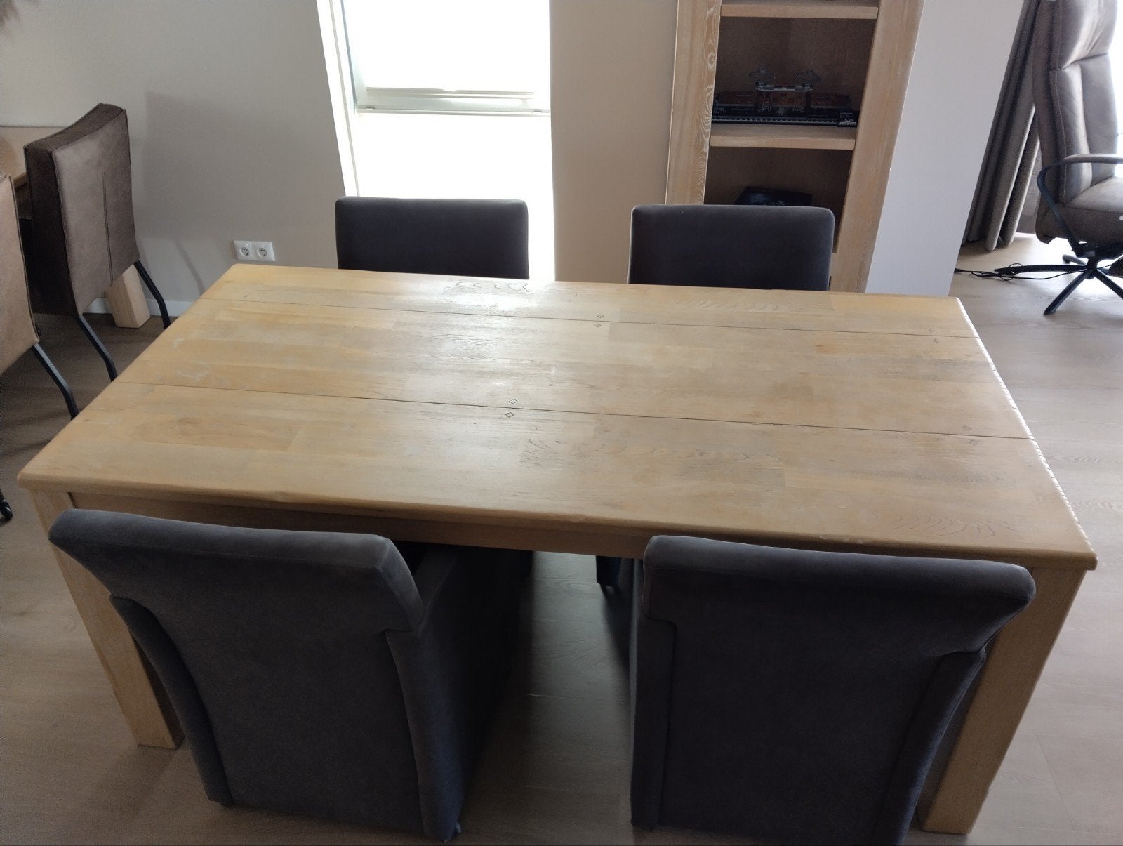 Massief houten eettafel met 4 kuipstoelen, Gebruikt, 200 cm of meer, Vier personen, Rechthoekig
