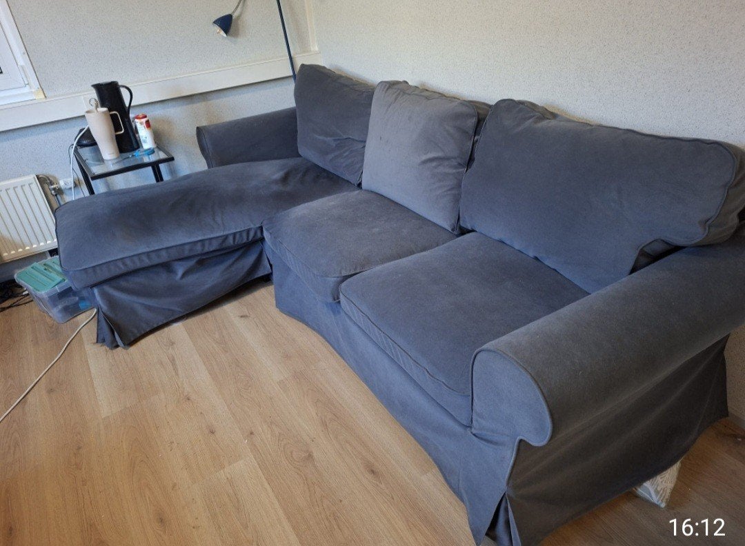 3 zitsbank met longchair, grijs/blauw, Huis en Inrichting, Banken | Bankstellen, Ophalen, 250 tot 300 cm, Gebruikt, Tweepersoons