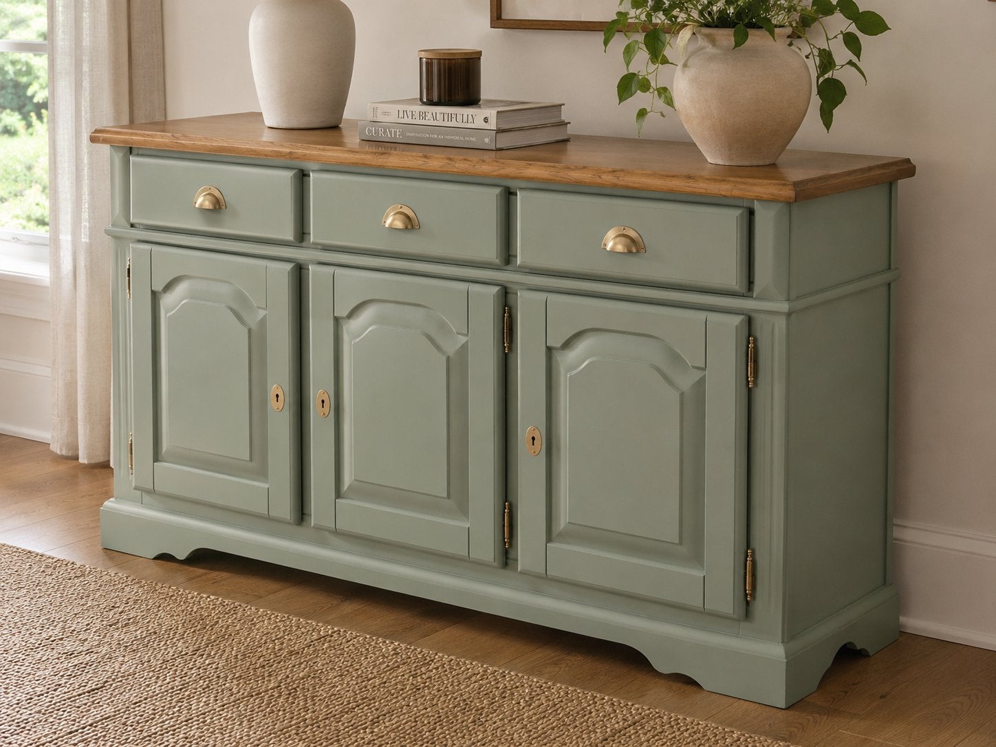 Prachtig eikenhouten dressoir – saliegroen/kakigroen, Ophalen, Met deur(en), 150 tot 200 cm, Eikenhout