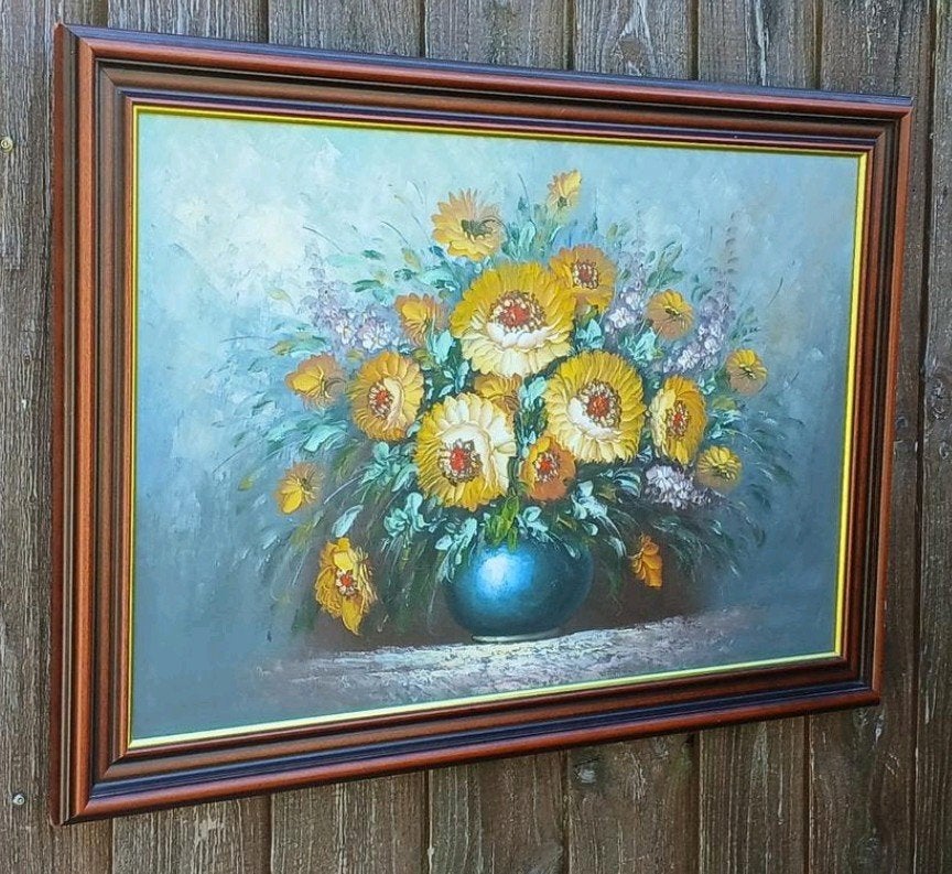Olieverfschilderij: Gele Bloemen in Vaas, Antiek en Kunst, Ophalen of Verzenden