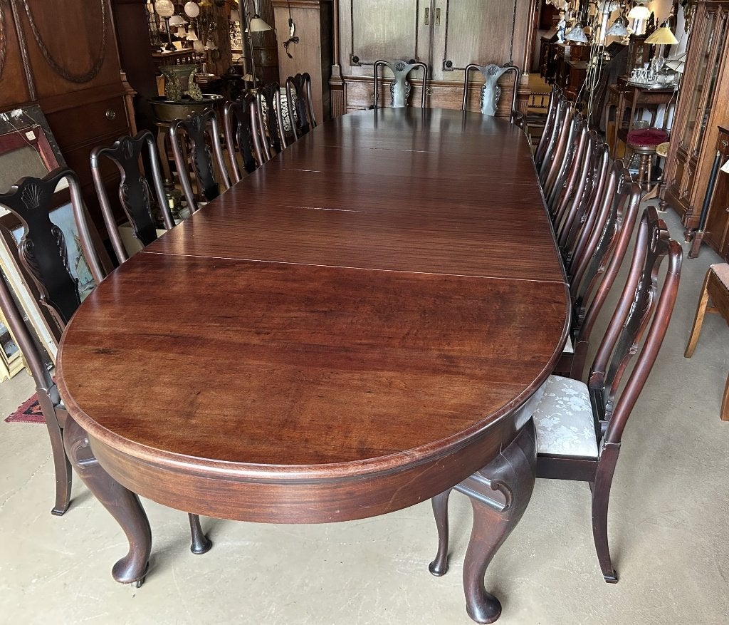 Antieke Mahoniehouten Coulissentafel + 14 Stoelen, Ophalen of Verzenden