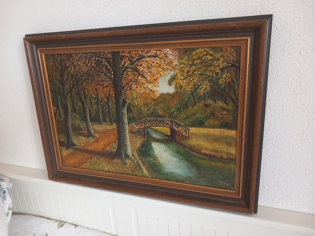 Herfstlandschap met brug – olieverf op doek in houten lijst, Ophalen of Verzenden
