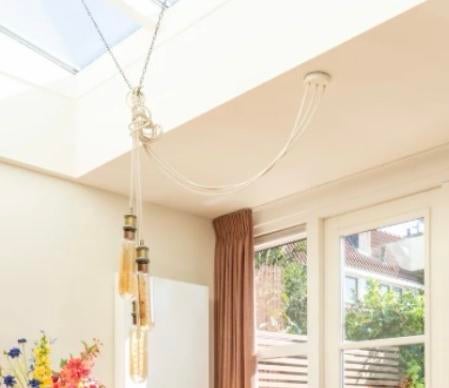 Hanglamp met ketting en 3 spiraal lichtbronnen, Ophalen, Gebruikt, Metaal, 50 tot 75 cm