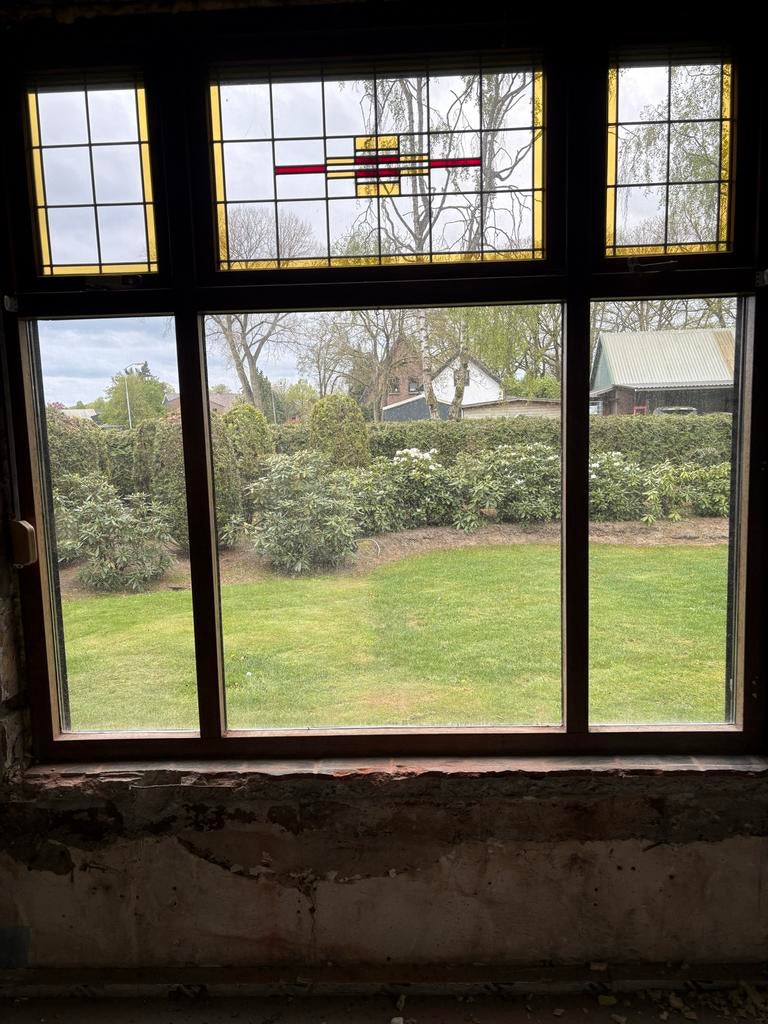 Merbau kozijnen met dubbelglas glas en lood met kiepramen, Doe-het-zelf en Verbouw, Glas en Ramen, Gevelraam of Ruit, Gebruikt