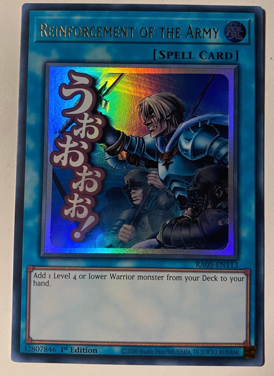Yu-Gi-Oh! Stamped Reinforcement of the Army RA05 1st !, Ophalen of Verzenden, Zo goed als nieuw, Losse kaart, Foil