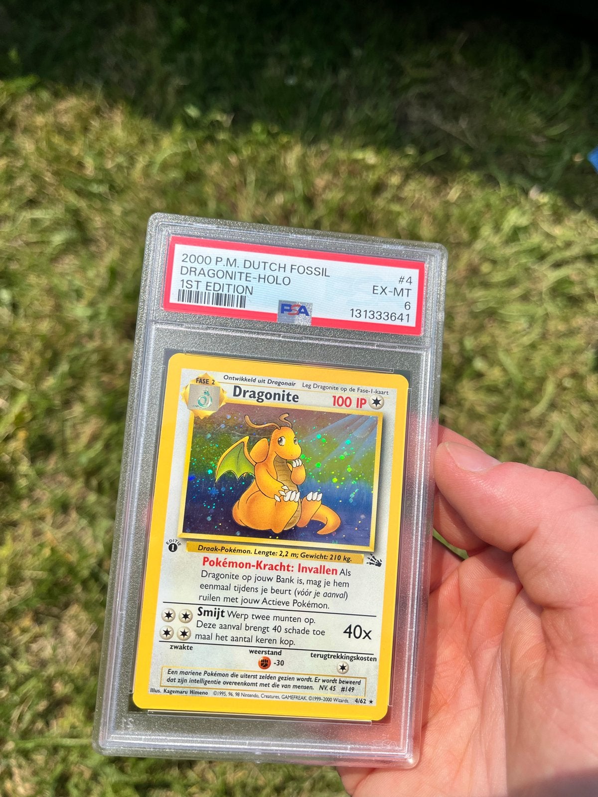 Dragonite Holo 1st Edition PSA 6 EX-MT Pokémon Kaart, Ophalen of Verzenden, Gebruikt, Losse kaart, Foil