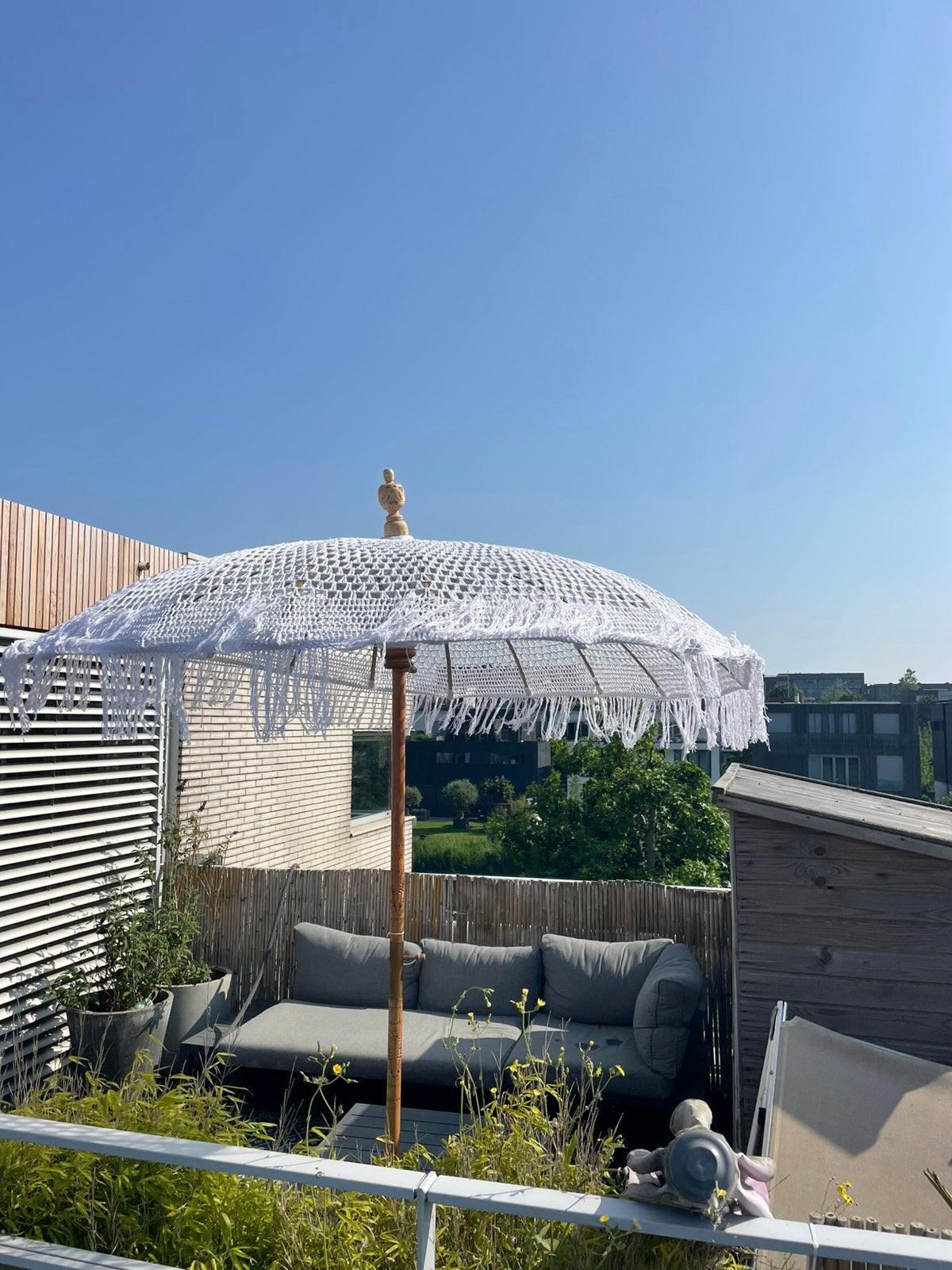 Tk macrame parasol uit Bali, Ophalen, Zo goed als nieuw, Stokparasol