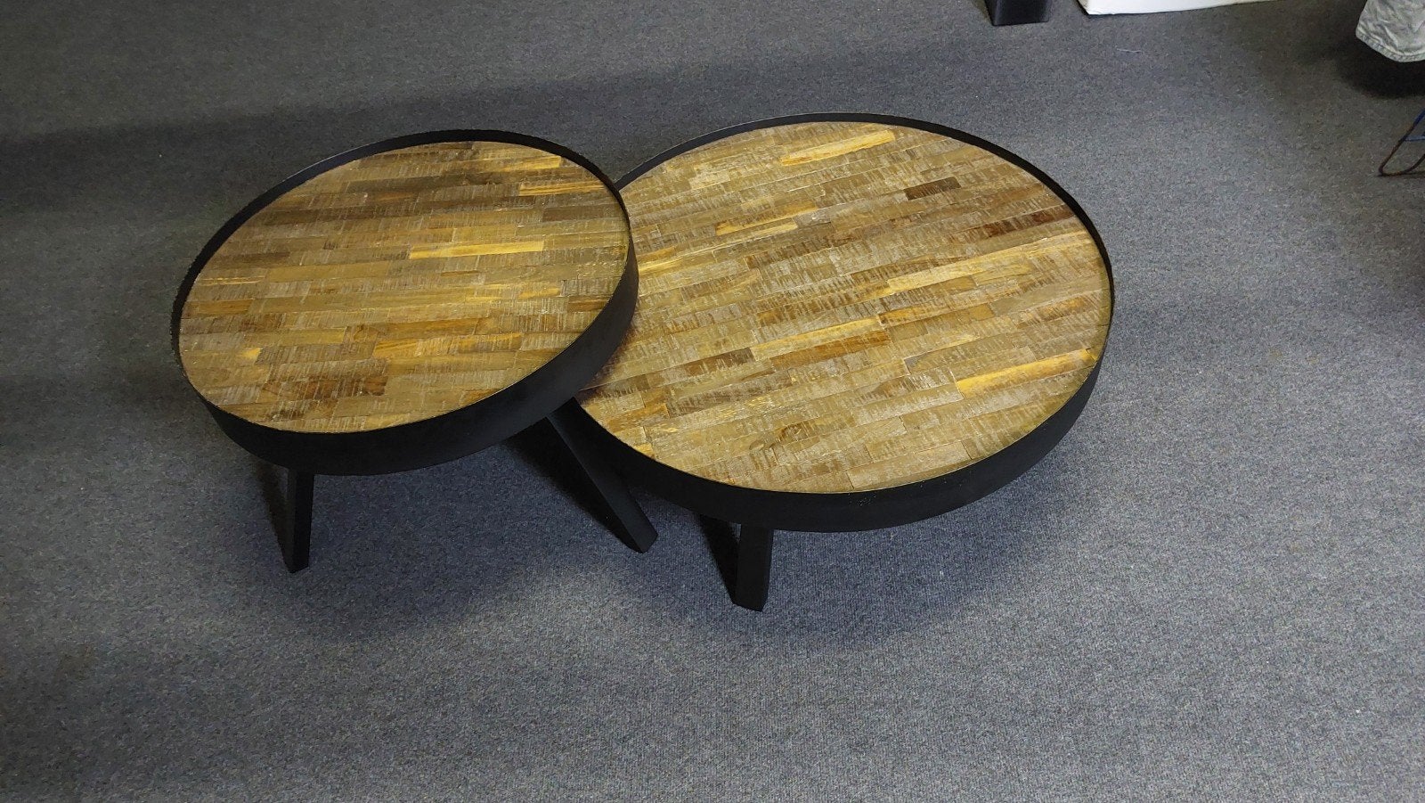 salontafel set - mango hout - zwart staal., Ophalen of Verzenden, Rond, 50 tot 100 cm, 50 tot 100 cm
