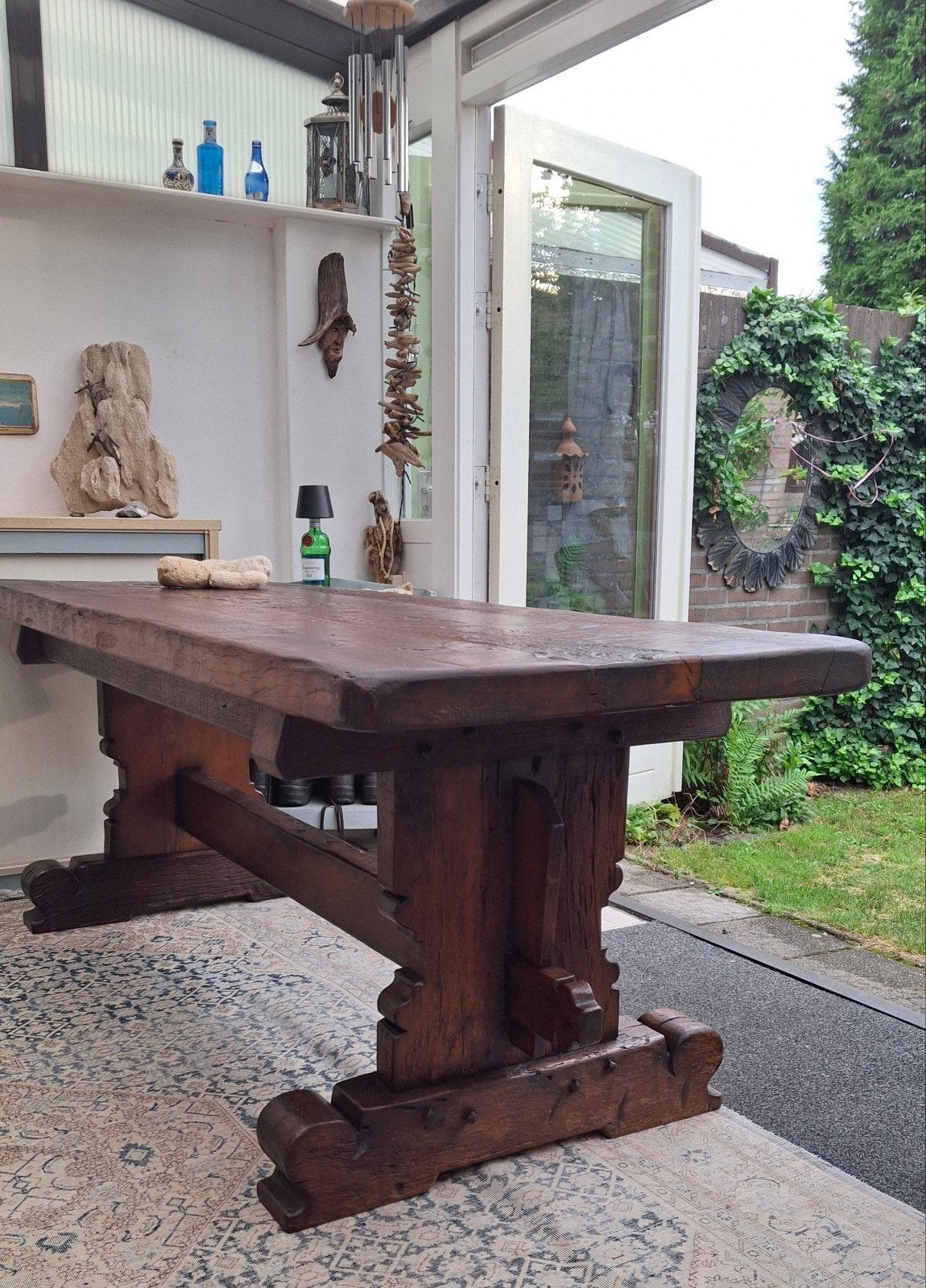 Oude eiken kloostertafel eettafel 201x79x77.8.h, Eikenhout, 200 cm of meer, Zo goed als nieuw, Vijf personen of meer